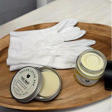 Load image into Gallery viewer, Wooden tray with white gloves, two metal containers, and a jar on a neutral background