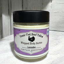 Load image into Gallery viewer, Jar of Grass-Fed Beef Tallow Whipped Body Butter with lavender scent on a white surface.
