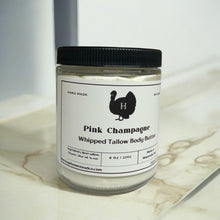 Load image into Gallery viewer, Pink champagne natural tallow body butter moisturizer 8oz in a glass jar