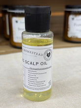 Load image into Gallery viewer, Bottle of soothing Scalp Oil with a label on a textured surface
flaky scalp care
peppermint scalp oil
rosemary scalp oil