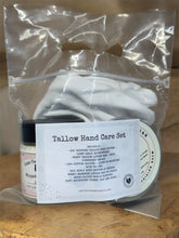 Load image into Gallery viewer, Tallow hand care set packaging with a label on a wooden surface