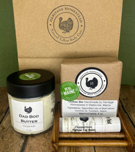 Load image into Gallery viewer, men's skincare set natural tallow includes soap, soap rest, body butter, and lip balm.