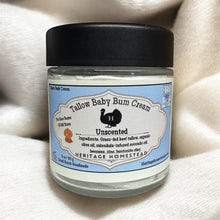 Load image into Gallery viewer, Jar of Tallow Baby Bum diaper rash Cream with a black lid on a soft fabric background
