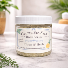 Load image into Gallery viewer, Jar of Celtic Sea Salt Body Scrub with a white label on a marble surface.
