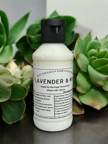 Bottle of lavender and mint beef collagen hair product with succulents in the background