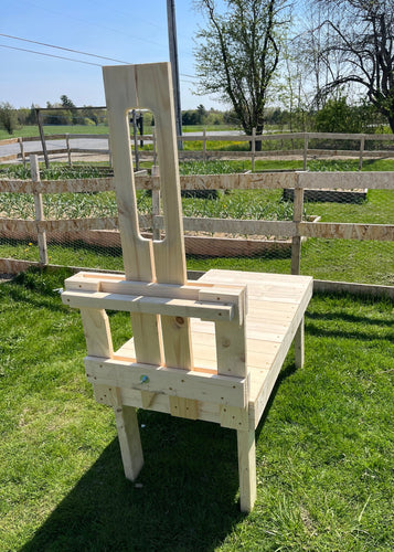 cradle head livestock stand for hoof care, grooming, or milking small breed goats, sheep or other animals. 