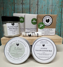 Load image into Gallery viewer, gift card for natural ingredients sensitive skincare tallow skincare lotion, body butter, lip balm, lotion bar and shampoo bar
