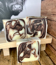 Load image into Gallery viewer, Naturally moisturizing tallow soap bar lavender cow colored with cocoa powder and lavender essential oils, sensitive skin, moisturizing, skin-friendly, creamy lather, gentle on skin
