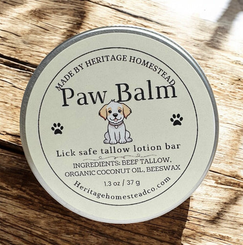 Paw balm container with label on a wooden surface