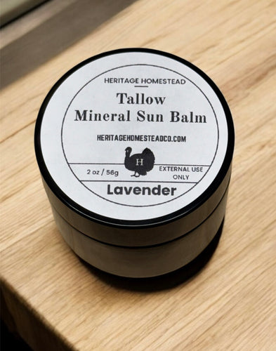 natural tallow mineral sun balm with zinc oxide and lavender essential oil. Broad-spectrum and sensitive skin sun protection. 
natural tallow mineral sun balm with zinc oxide and lavender essential oil. Broad-spectrum and sensitive skin sun protection. comes in 2 ounce amber jar. 